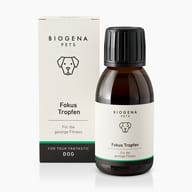 BIOGENA PETS Fokus Tropfen, Faltschachtel und Flasche, Hunde-Icon, schwarzer Hintergrund