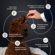 Cane che riceve uno snack BIOGENA PETS per le articolazioni, a base di pollo, sviluppato con esperti e adatto ai cani sensibili.