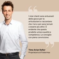 Ritratto di Timo-Arian Kofler con la sua testimonianza sulle gocce BIOGENA PETS per le articolazioni e sui riscontri positivi dei suoi clienti.