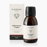 Biogena Pets Multivitamin Tropfen, Faltschachtel, Flasche, Deckel, schwarzer Hintergrund