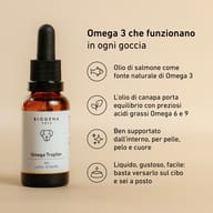 Flacone BIOGENA PETS Omega Tropfen con olio di salmone e di canapa, fonte di omega-3, -6 e -9, per un apporto mirato a sostegno di pelle, pelo e cuore del cane.