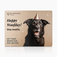 BIOGENA PETS Gift Card, card, black dog with party hat, confetti, text