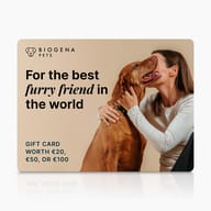 BIOGENA PETS gift card, woman hugging brown dog, beige background, printed text