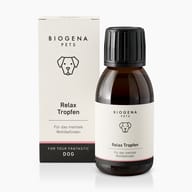 BIOGENA PETS Relax Tropfen, Faltschachtel, braune Flasche, schwarzer Hintergrund