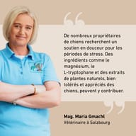 Vétérinaire présentant son avis sur BIOGENA PETS Relax Tropfen, avec magnésium, L-tryptophane et extraits de plantes, pour accompagner les chiens pendant les périodes de stress.