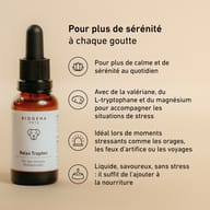 Flacon BIOGENA PETS Relax Tropfen. Formule avec valériane, L-tryptophane et magnésium pour accompagner les chiens dans les situations de stress, à ajouter simplement à la nourriture.