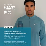 Hráč amerického futbalu Marcel Dabo drží produkt BIOGENA SPORTS. Text zdôrazňuje podporu sily a výkonu a uvádza účinky horčíka a vitamínu B6.
