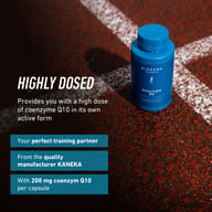BIOGENA SPORTS Active CoQ10 200 on a running track. High-dose coenzyme Q10 in its active ubiquinol form from Kaneka, with 200 mg coenzyme Q10 per capsule.