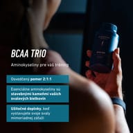 Osoba drží fľašu BIOGENA SPORTS BCAA 500. Grafika predstavuje BCAA Trio s pomerom 2:1:1 a zdôrazňuje esenciálne aminokyseliny ako stavebné kamene svalových bielkovín pri intenzívnom tréningu.