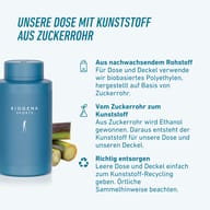 Obal BIOGENA SPORTS z biologického polyetylénu na báze cukrovej trstiny. Obnoviteľná surovina sa spracúva na plast pre nádobu a viečko. Prázdny obal odovzdajte na recykláciu plastov podľa miestnych pravidiel.