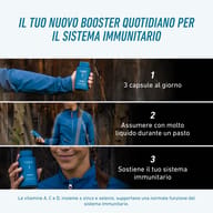 BIOGENA SPORTS Immunity per il supporto quotidiano del sistema immunitario: assumere una capsula tre volte al giorno con abbondante liquido durante un pasto.