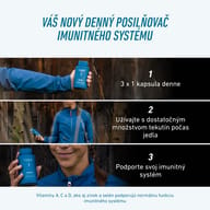 Obrázkový návod na užívanie BIOGENA SPORTS Immunity: 1 kapsula 3-krát denne s dostatkom tekutiny počas jedla. Vitamíny A, C, D, zinok a selén podporujú normálnu funkciu imunitného systému.
