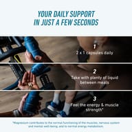 BIOGENA Magnesium Sport: daily intake of 2 × 1 capsules with plenty of liquid between meals. Magnesium supports normal muscle and nervous system function, mental well-being and normal energy metabolism.