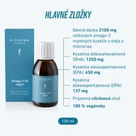 BIOGENA SPORTS Omega-3 Oil vegan, 150 ml: denná dávka obsahuje 2100 mg omega-3 z mikrorias, z toho 1250 mg DHA, 650 mg EPA a 137 mg DPA. 100 % vegánsky, s citrónovou chuťou.