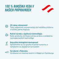 Grafika BIOGENA SPORTS zdôrazňuje 100 % rakúsku vedu, 20 rokov skúseností, ručnú výrobu so špičkovou technológiou, vysokú biologickú dostupnosť a výrobu vo vlastnej továrni v Koppli pri Salzburgu.