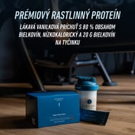 BIOGENA SPORTS Vegan Protein Sticks s vanilkovou príchuťou, balenie a pripravený nápoj v šejkri. Rastlinný proteín obsahuje 80 % bielkovín a poskytuje 20 g bielkovín na jednu tyčinku.