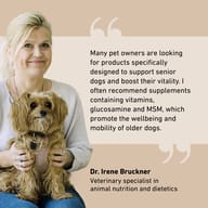 woman with dog, English text, Dr. Irene Bruckner, beige background