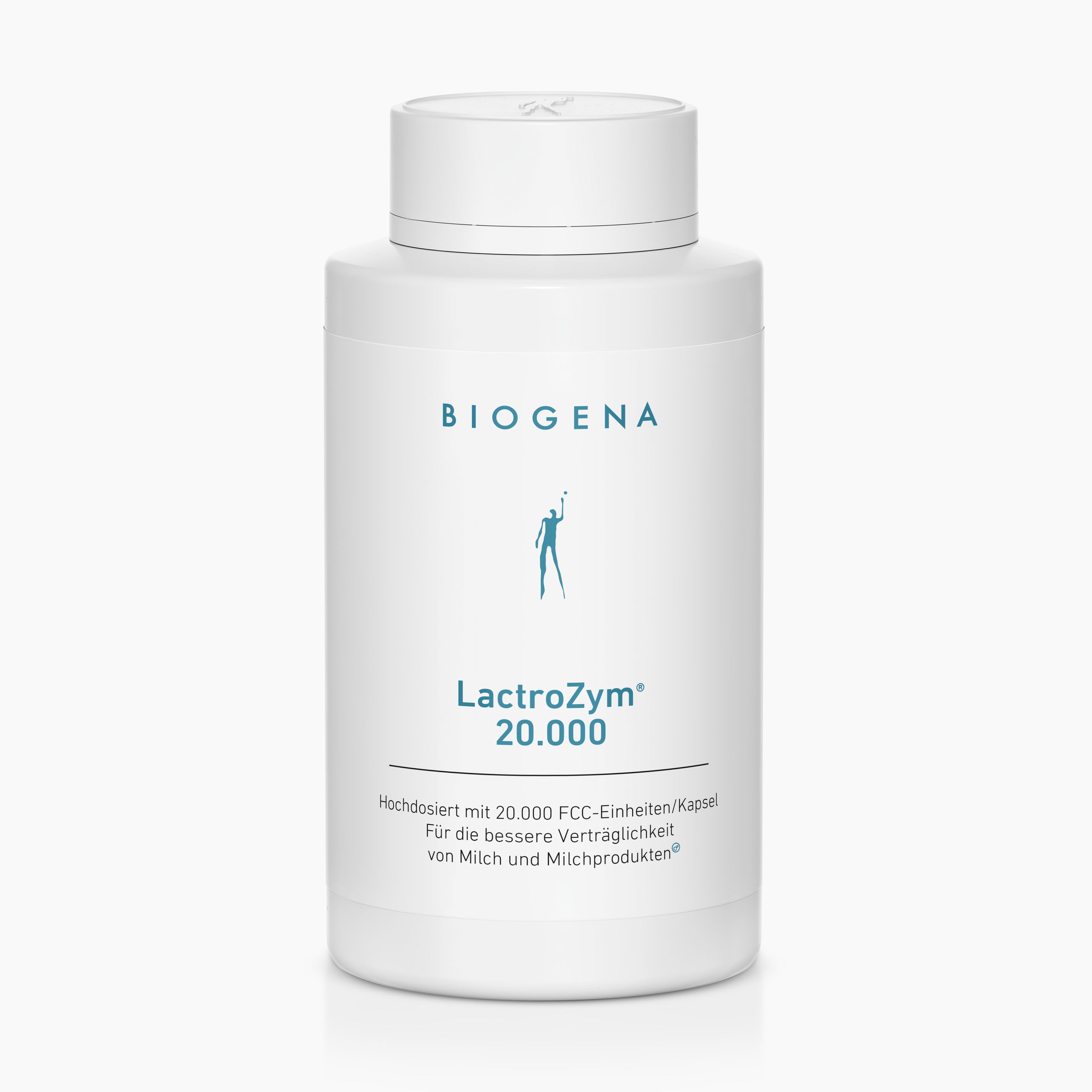 Biogena, LactroZym® 20.000, Bottle, white, High-dose with 20,000 FCC units/capsule For better tolerance of milk and dairy products®