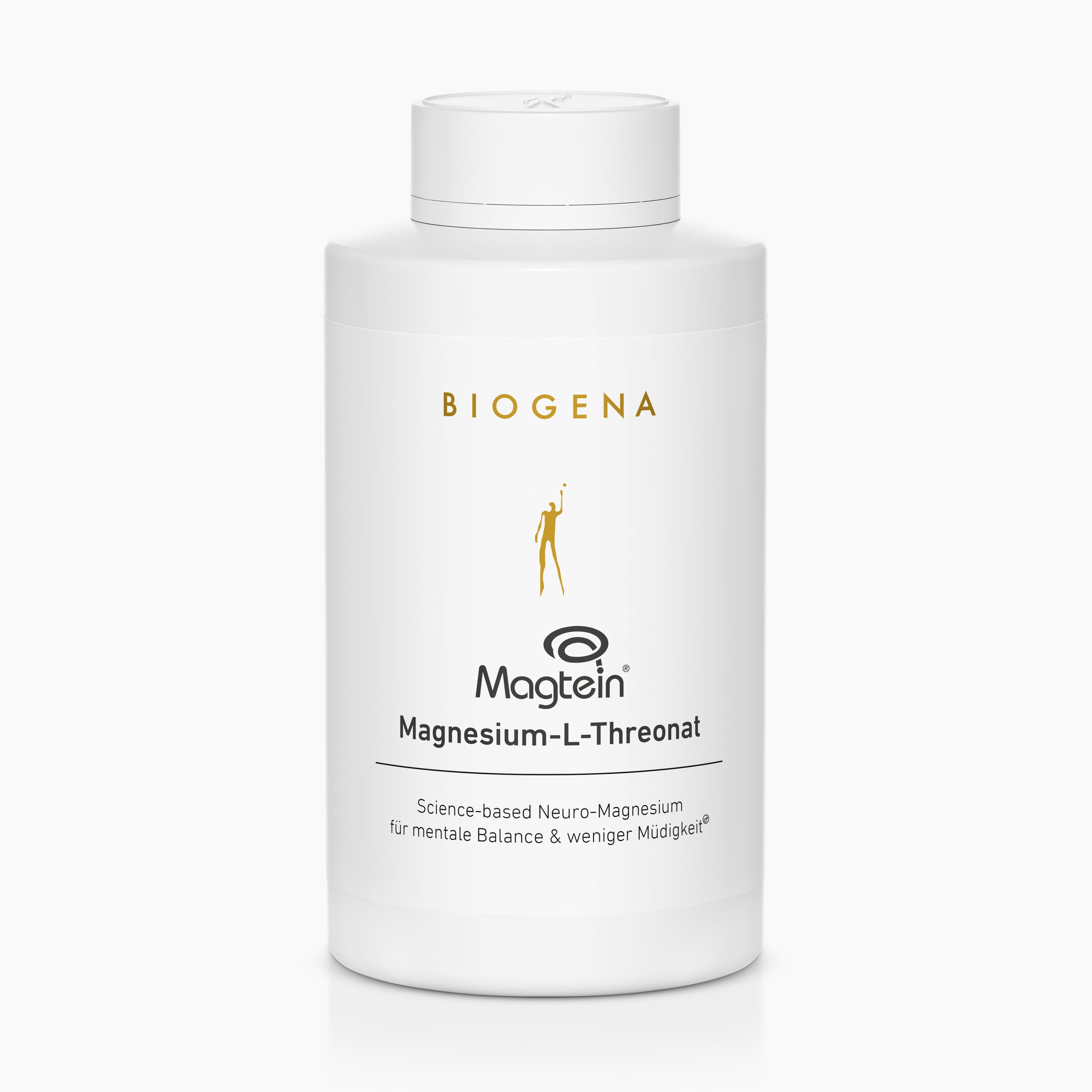 Magtein® Magnésium L-Thréonate de BIOGENA dans un flacon blanc. Neuro-magnésium fondé sur la science pour soutenir l’équilibre mental et contribuer à réduire la fatigue.
