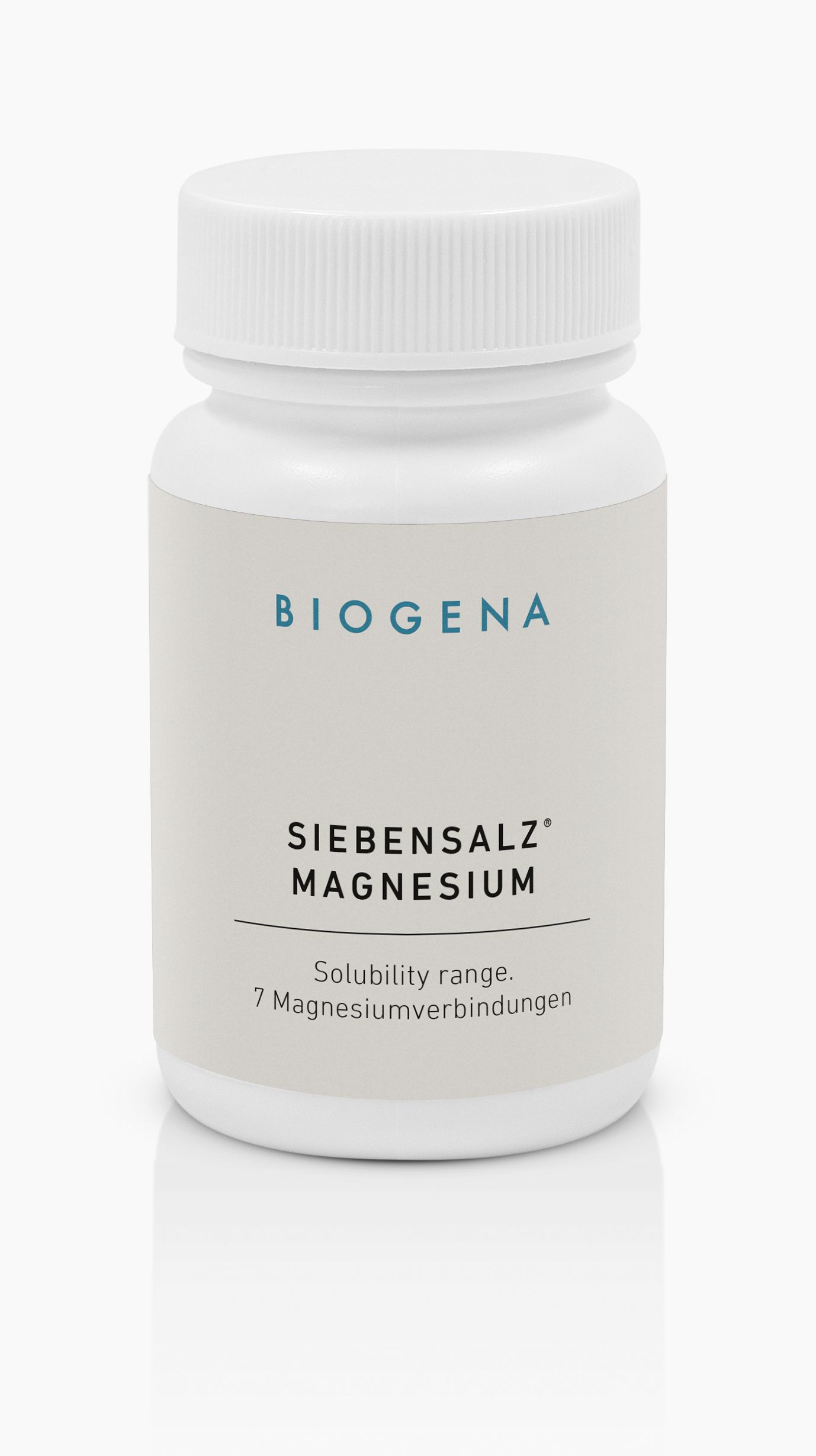 Biogena, SIEBENSALZ® MAGNESIUM, Butelka, biały, Zakres rozpuszczalności. 7 związków magnezu