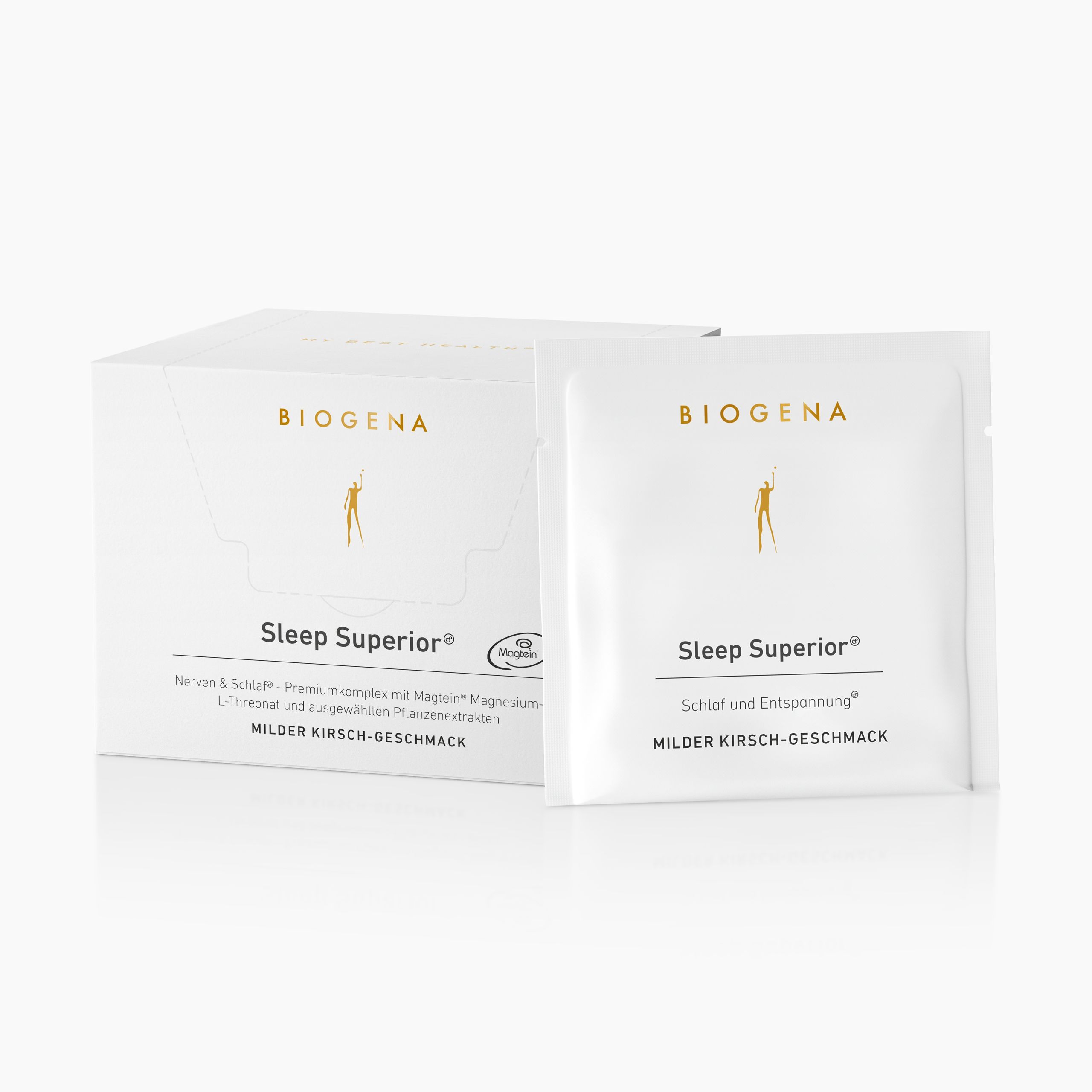BIOGENA Sleep Superior® premium complex with Magtein® magnesium L-threonate and selected plant extracts for sleep and relaxation. Sachet with a mild cherry flavor.