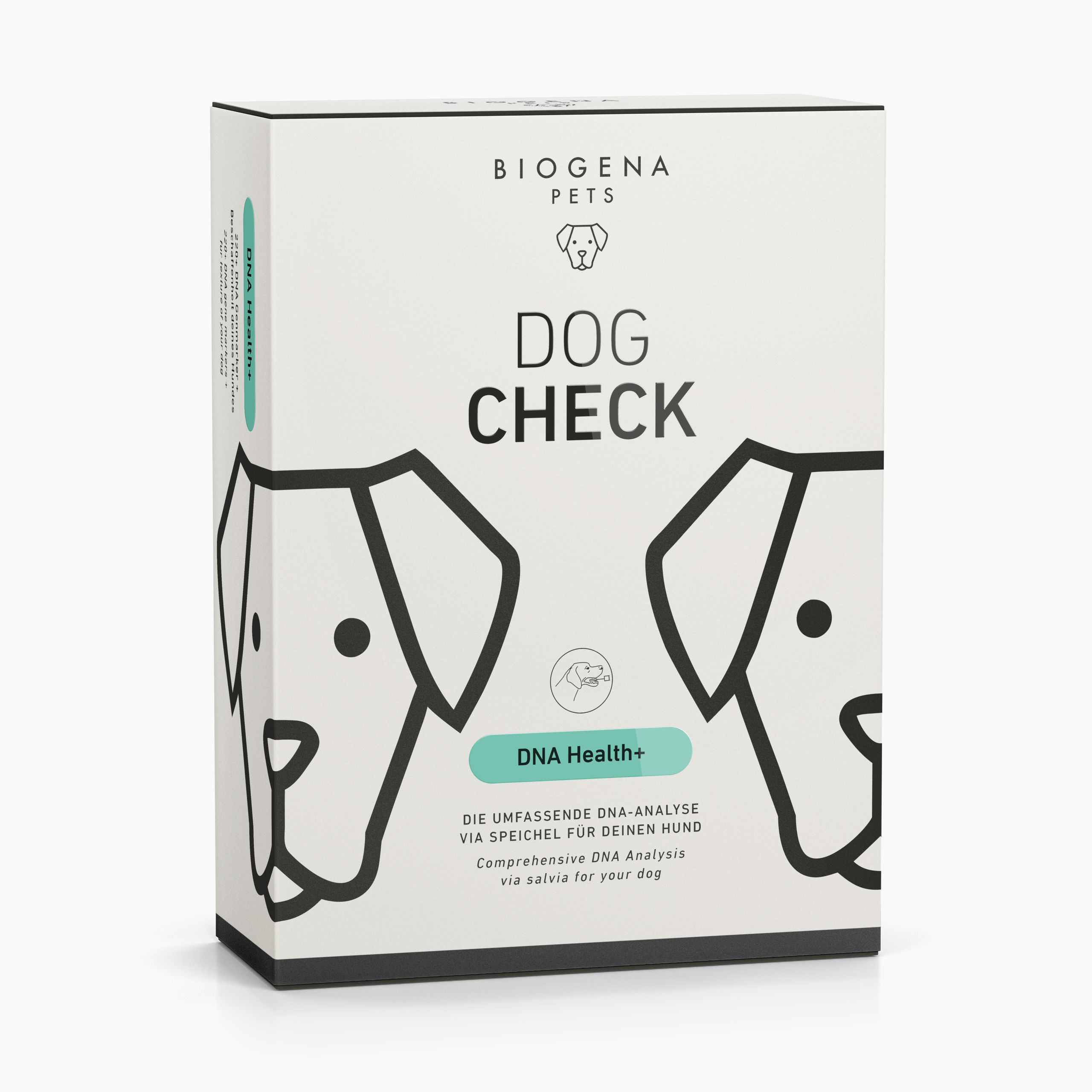 BIOGENA PETS Dog Check Dna Health+ Verpackung mit Hund Icon auf beigem Hintergrund