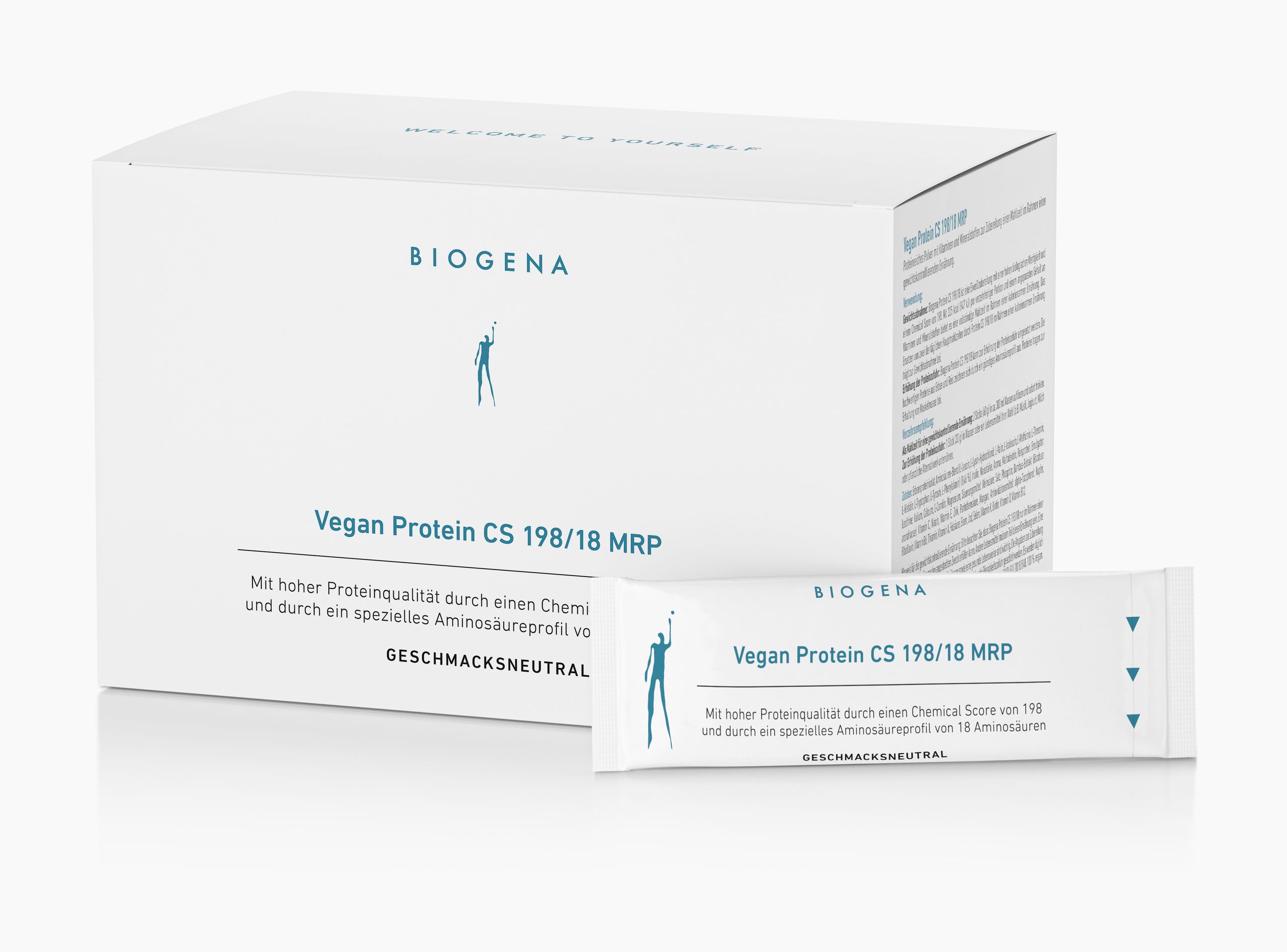 Biogena, Vegan Protein CS 198/18 MRP, Karton, weiß, Mit hoher Proteinqualität durch einen Chemical Score von 198 und durch ein spezielles Aminosäureprofil von 18 Aminosäuren