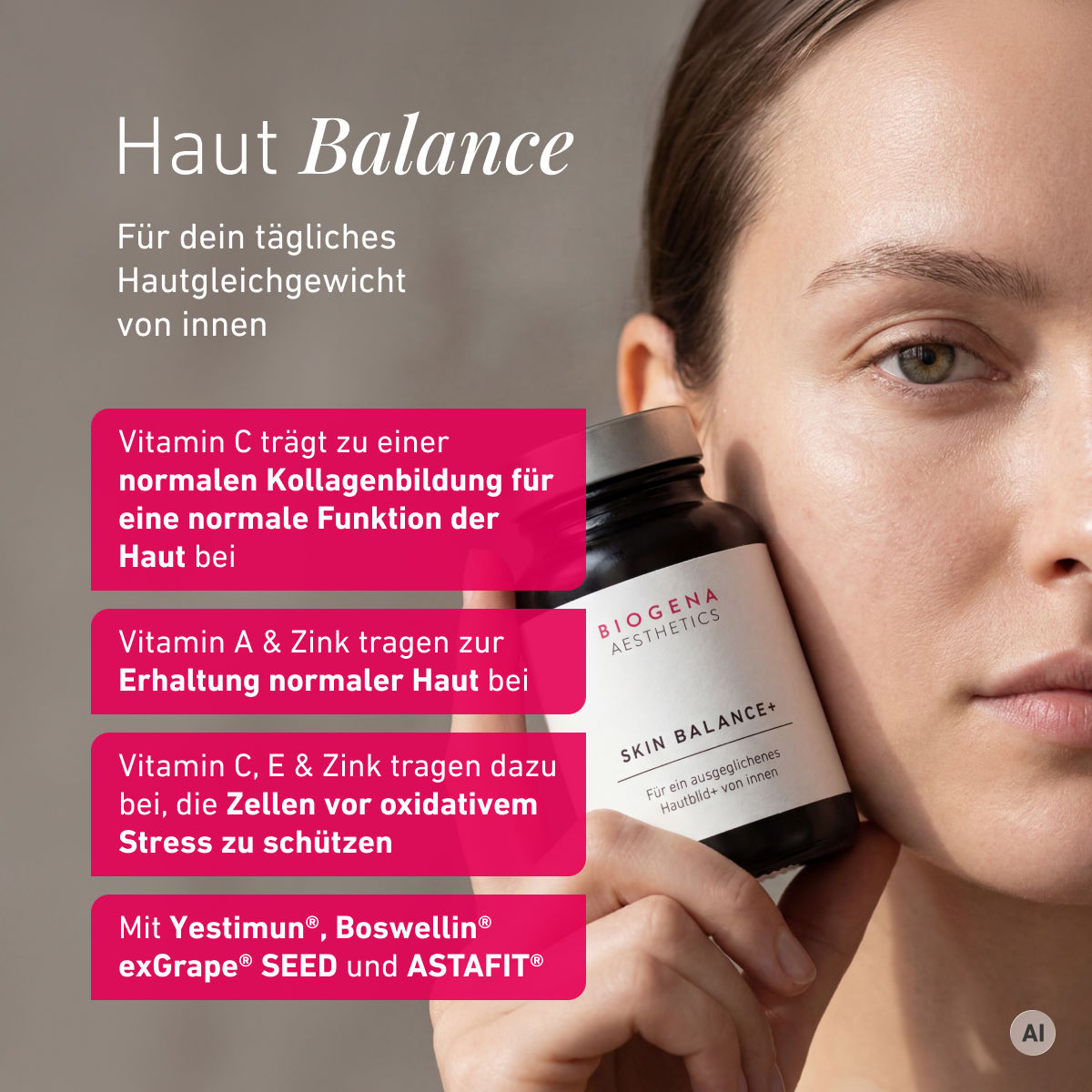 Biogena Aesthetics, SKIN BALANCE+, Flasche, weiß, Für ein ausgeglichenes Hautbild+ von innen