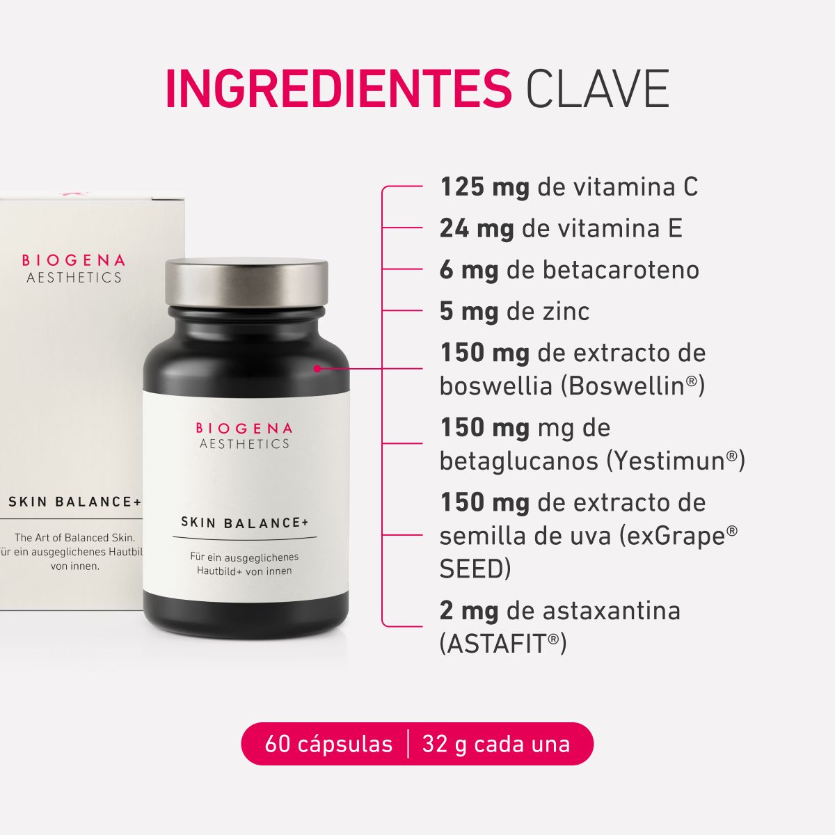 Biogena Aesthetics, SKIN BALANCE+, Botella, blanco, Para una piel equilibrada+ desde dentro