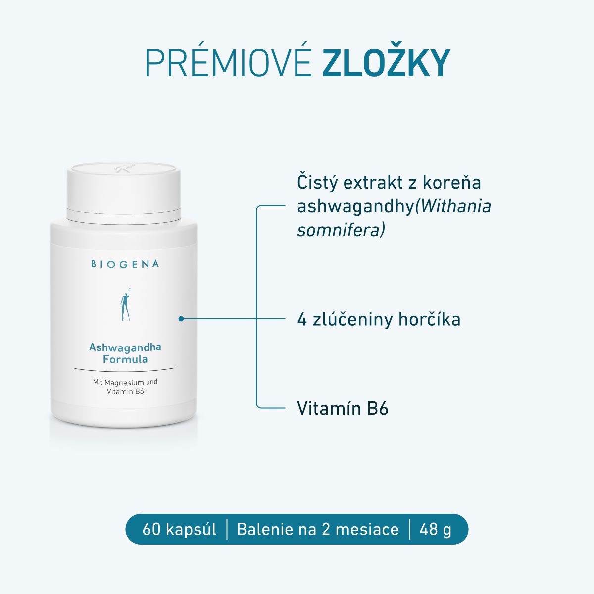 Biogena, Ashwagandha Formula, Fľaša, biela, S horčíkom a vitamínom B6