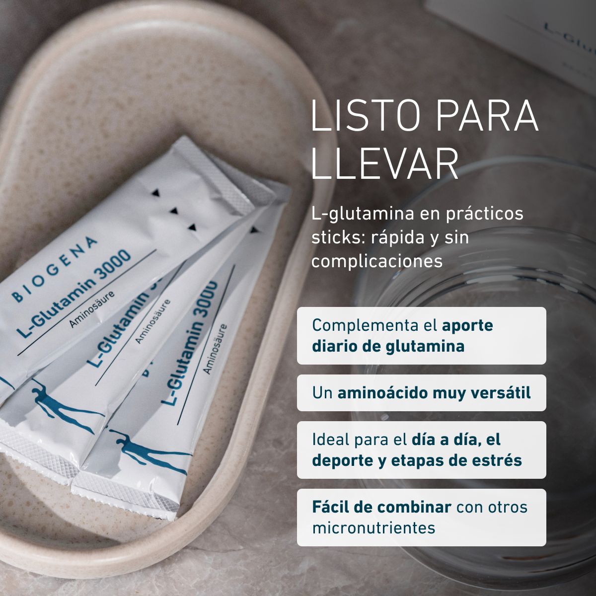 Biogena, L-Glutamin 3000, Cartón, blanco, Aminoácido stick listo para llevar