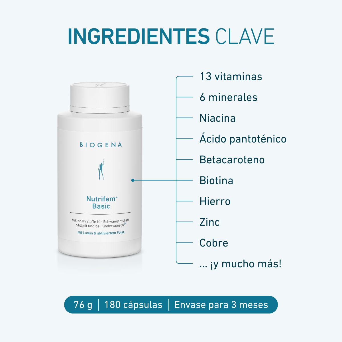 Biogena, Nutrifem® Basic, Botella, blanco, Micronutrientes para el embarazo, la lactancia y cuando se desea tener hijos® Con luteína y folato activado