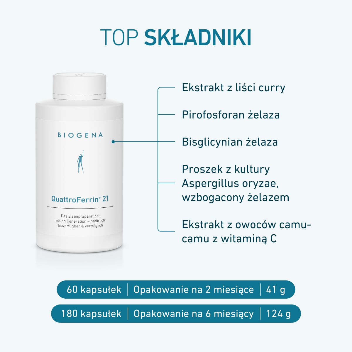 Biogena, QuattroFerrin® 21, Butelka, biały, Preparat żelaza nowej generacji – naturalnie biodostępny & dobrze tolerowany