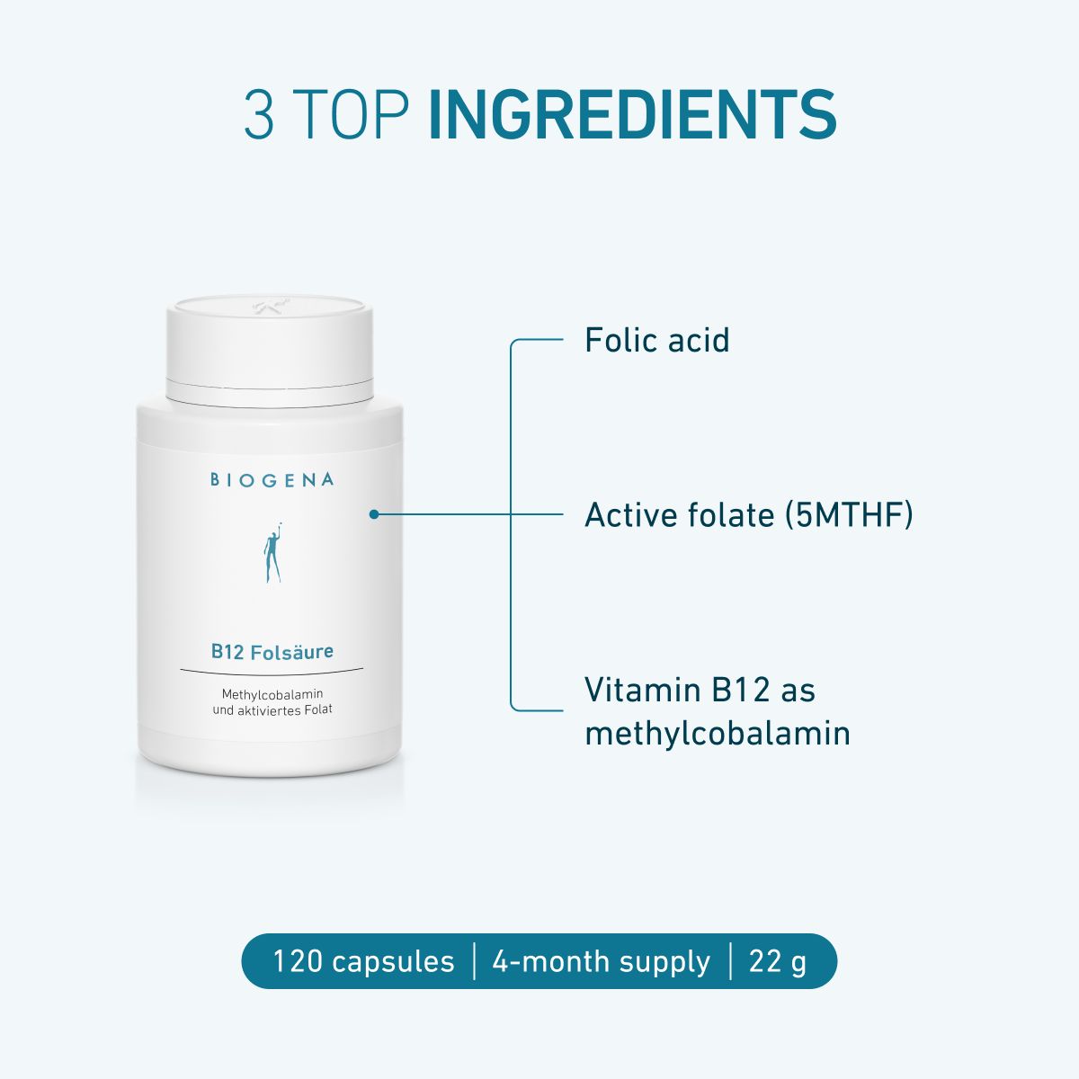Biogena, B12 Folsäure, Bottle, white, Methylcobalamin and activated folate