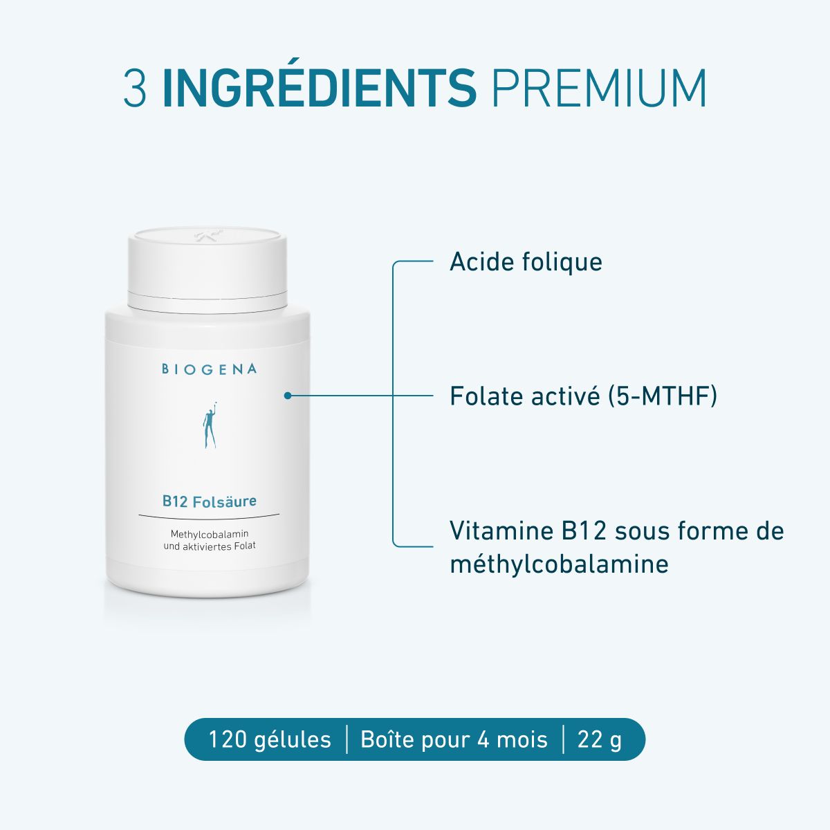Biogena, B12 Folsäure, Bouteille, blanc, Méthylcobalamine et folate activé