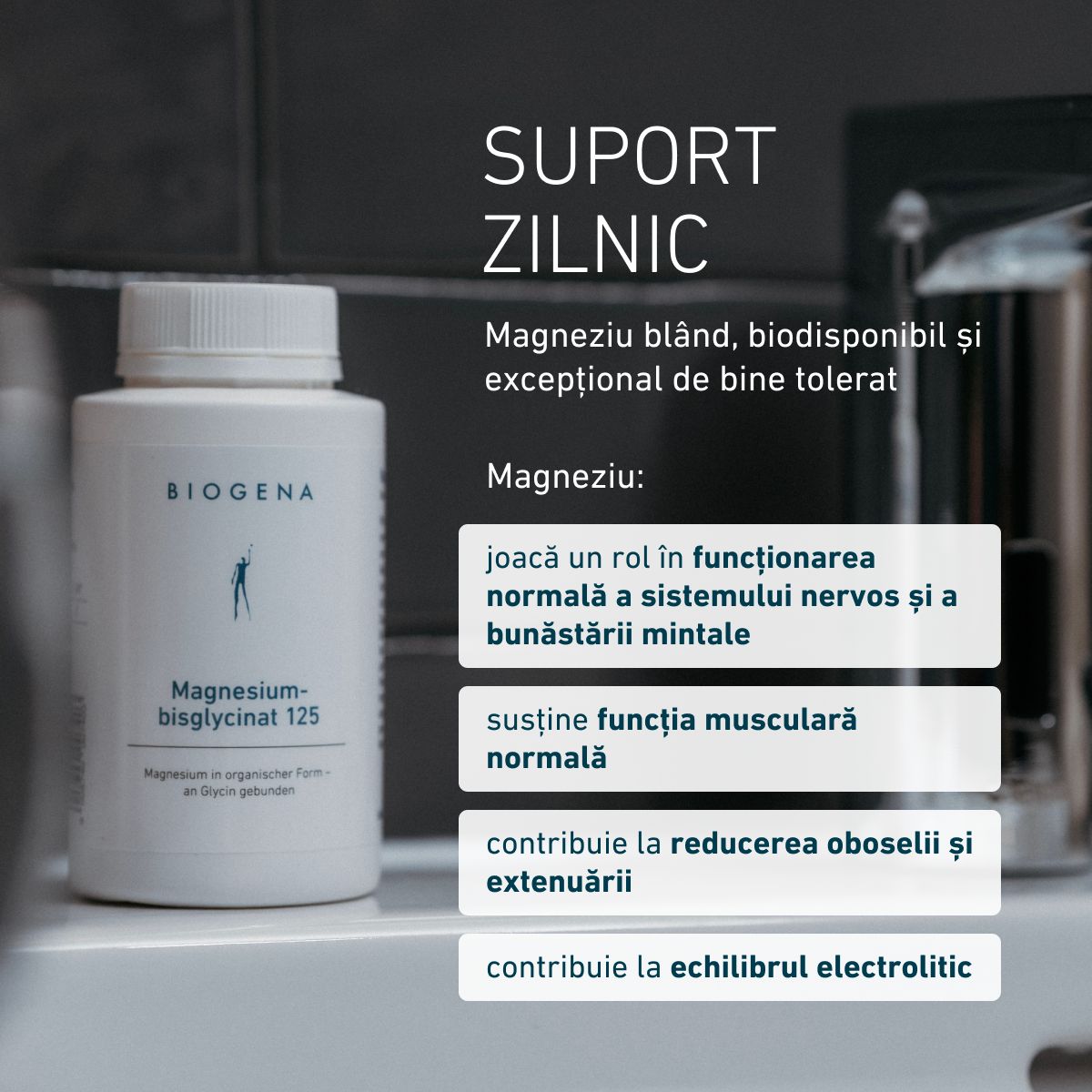 Biogena, Magnesium-bisglycinat 125, Sticlă, alb, Magneziu în formă organică – legat de glicină
