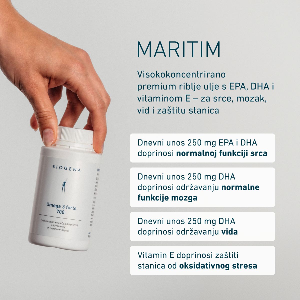 Biogena, Omega 3 forte 700, Boca, bijela, Visokokoncentrirano kvalitetno riblje ulje s vitaminom E u morskoj kapsuli