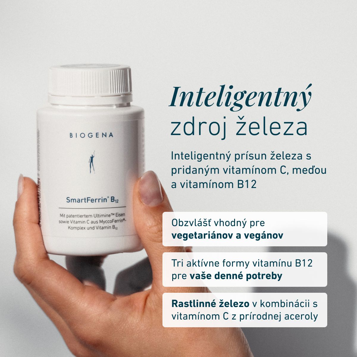 Biogena, SmartFerrin® B12, Fľaša, biela, S patentovaným železom Ultimine™ ako aj vitamínom C z komplexu MyccoFerrin® a vitamínom B12