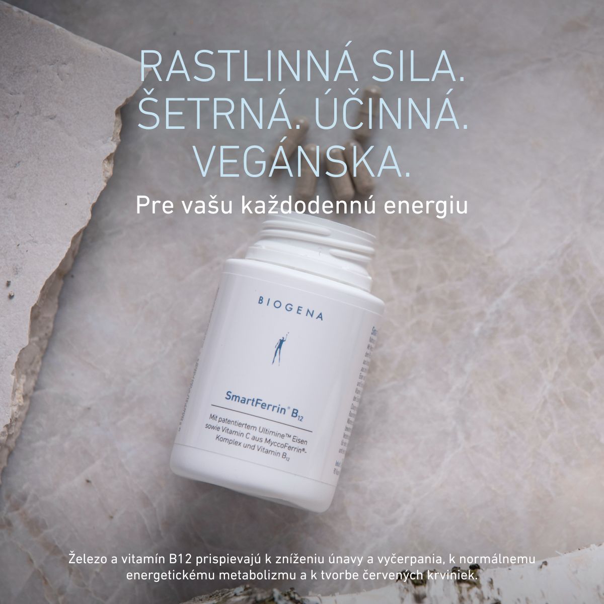 Biogena, SmartFerrin® B12, Fľaša, biela, S patentovaným železom Ultimine™ ako aj vitamínom C z komplexu MyccoFerrin® a vitamínom B12