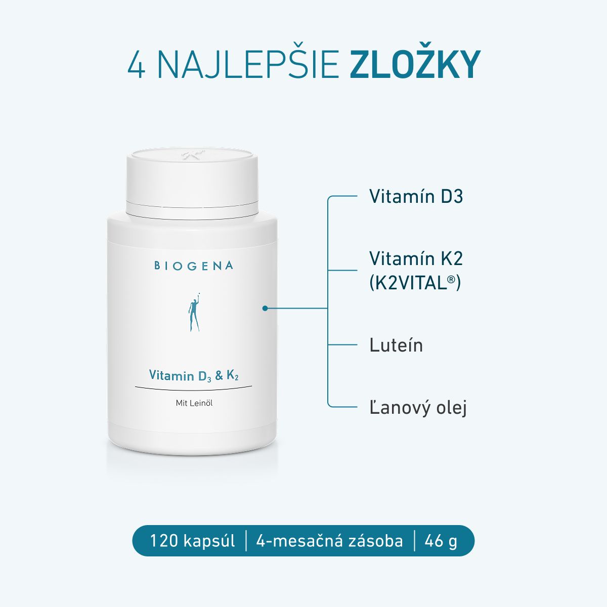 Biogena, Vitamin D₃ & K₂, Fľaša, biela, S ľanovým olejom