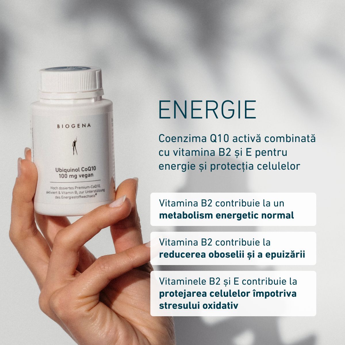 Biogena, Ubiquinol CoQ10 100 mg vegan, Sticlă, alb, CoQ10 premium cu doză mare, activat și vitamina B2 pentru susținerea metabolismului energetic®