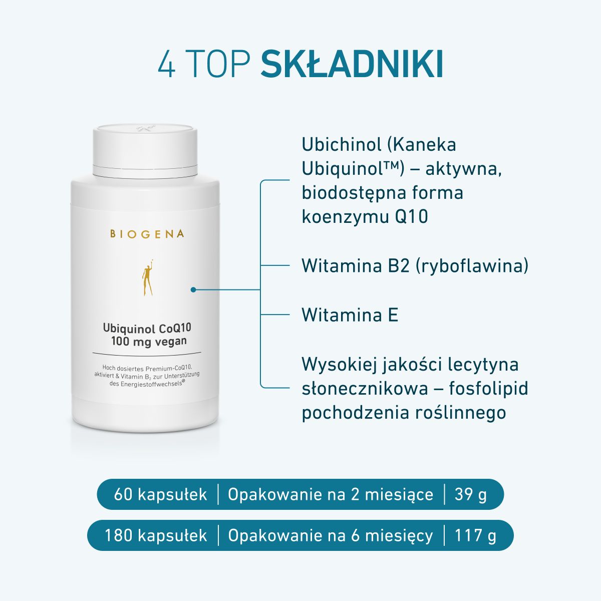 Biogena, Ubiquinol CoQ10 100 mg vegan, Butelka, biały, Wysoko dawkowane Premium-CoQ10, aktywowane i witamina B2 dla wsparcia metabolizmu energetycznego®