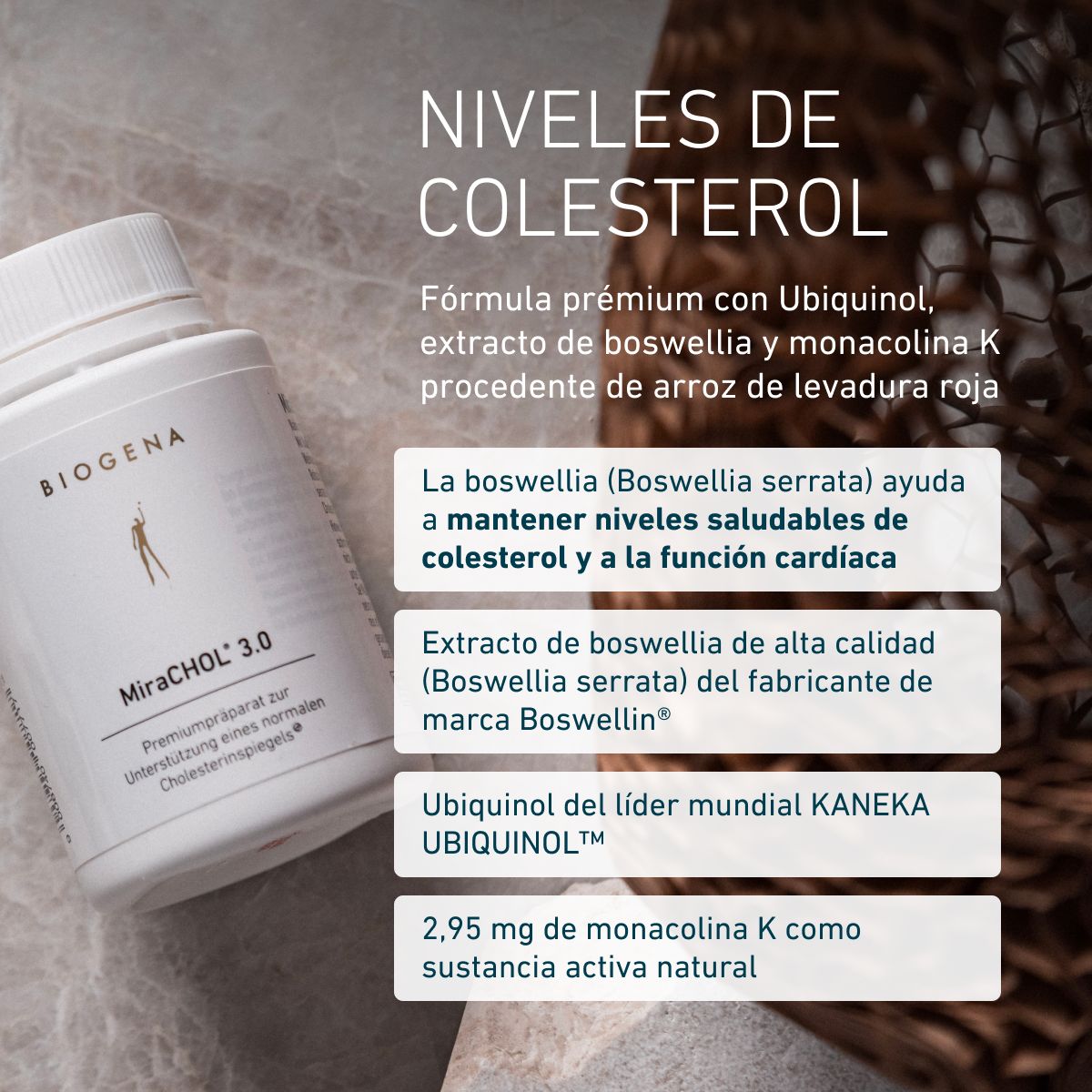 Biogena, MiraCHOL® 3.0, Botella, blanco, Preparado premium para apoyar un nivel normal de colesterol®