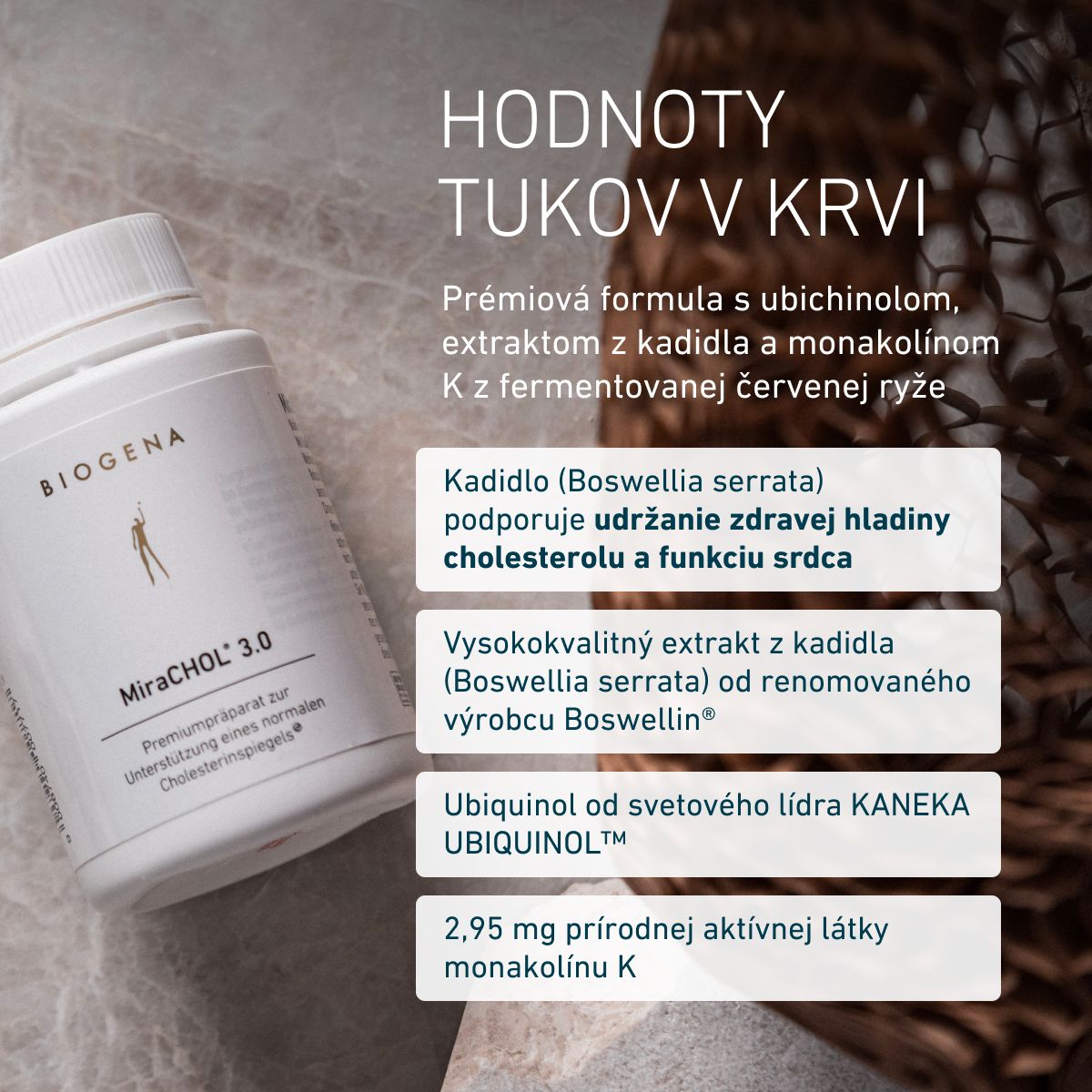 Biogena, MiraCHOL® 3.0, Fľaša, biela, Prémiový prípravok na podporu normálnej hladiny cholesterolu®