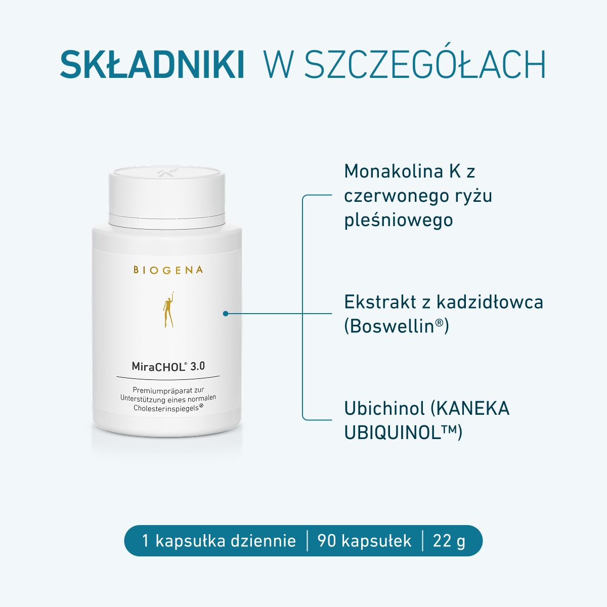 Biogena, MiraCHOL® 3.0, Butelka, biały, Preparat premium wspomagający utrzymanie prawidłowego poziomu cholesterolu®
