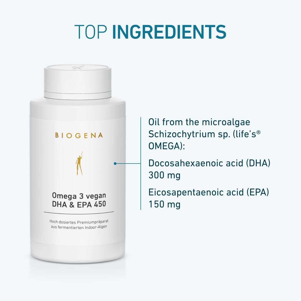 Biogena, Omega 3 vegan DHA & EPA 450, Bottle, white, Highly dosed premium preparation of fermented indoor algae