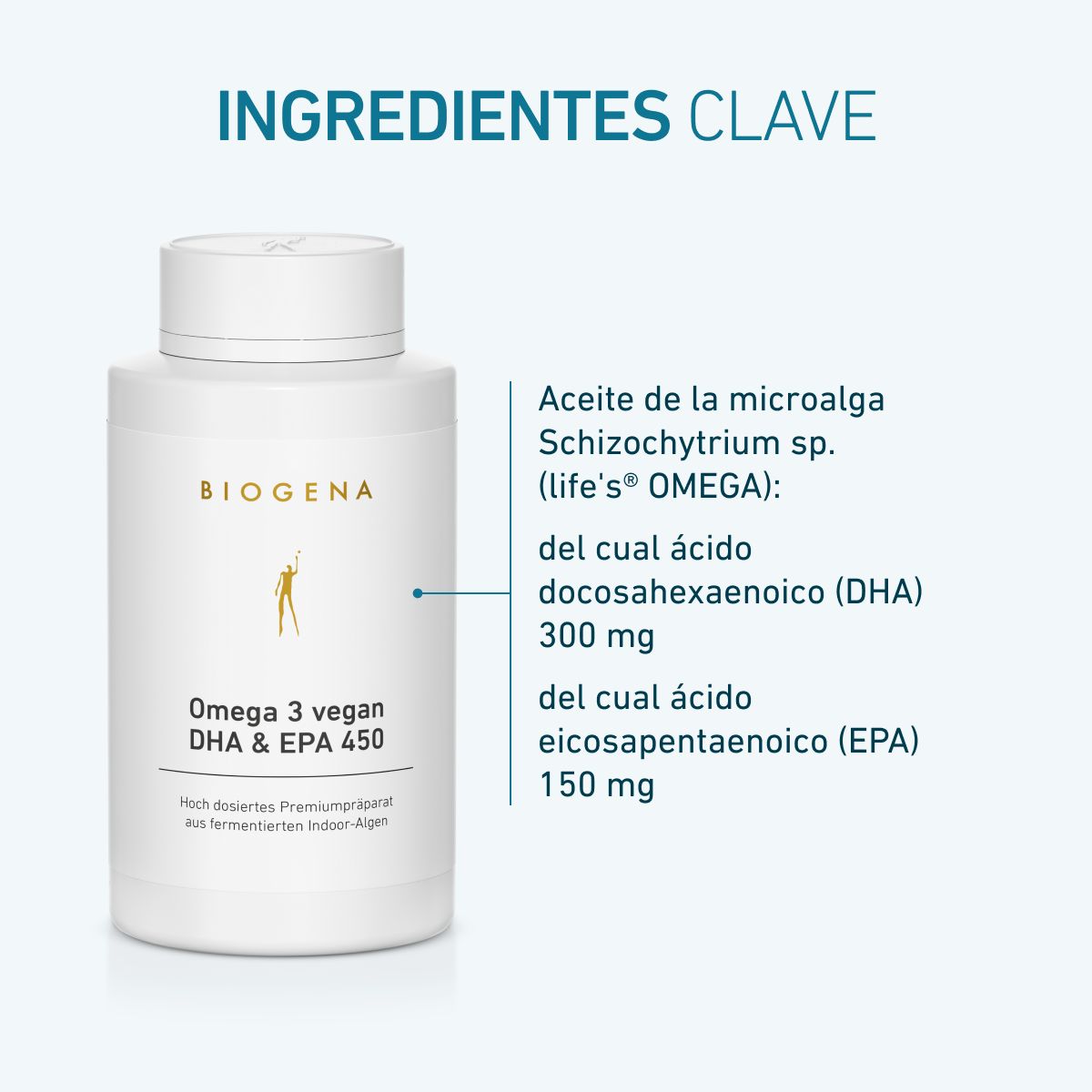 Biogena, Omega 3 vegan DHA & EPA 450, Botella, blanco, Preparado premium de alta dosificación a base de algas de interior fermentadas