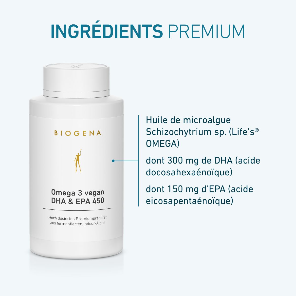 Biogena, Omega 3 vegan DHA & EPA 450, Bouteille, blanc, Préparation premium hautement dosée à base d’algues d’intérieur fermentées