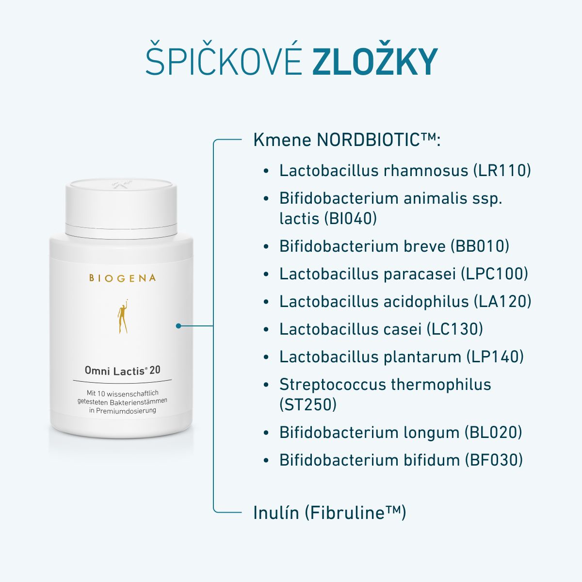 Biogena, Omni Lactis® 20, Fľaša, biela, S 10 vedecky testovanými bakteriálnymi kmeňmi v prémiovom dávkovaní