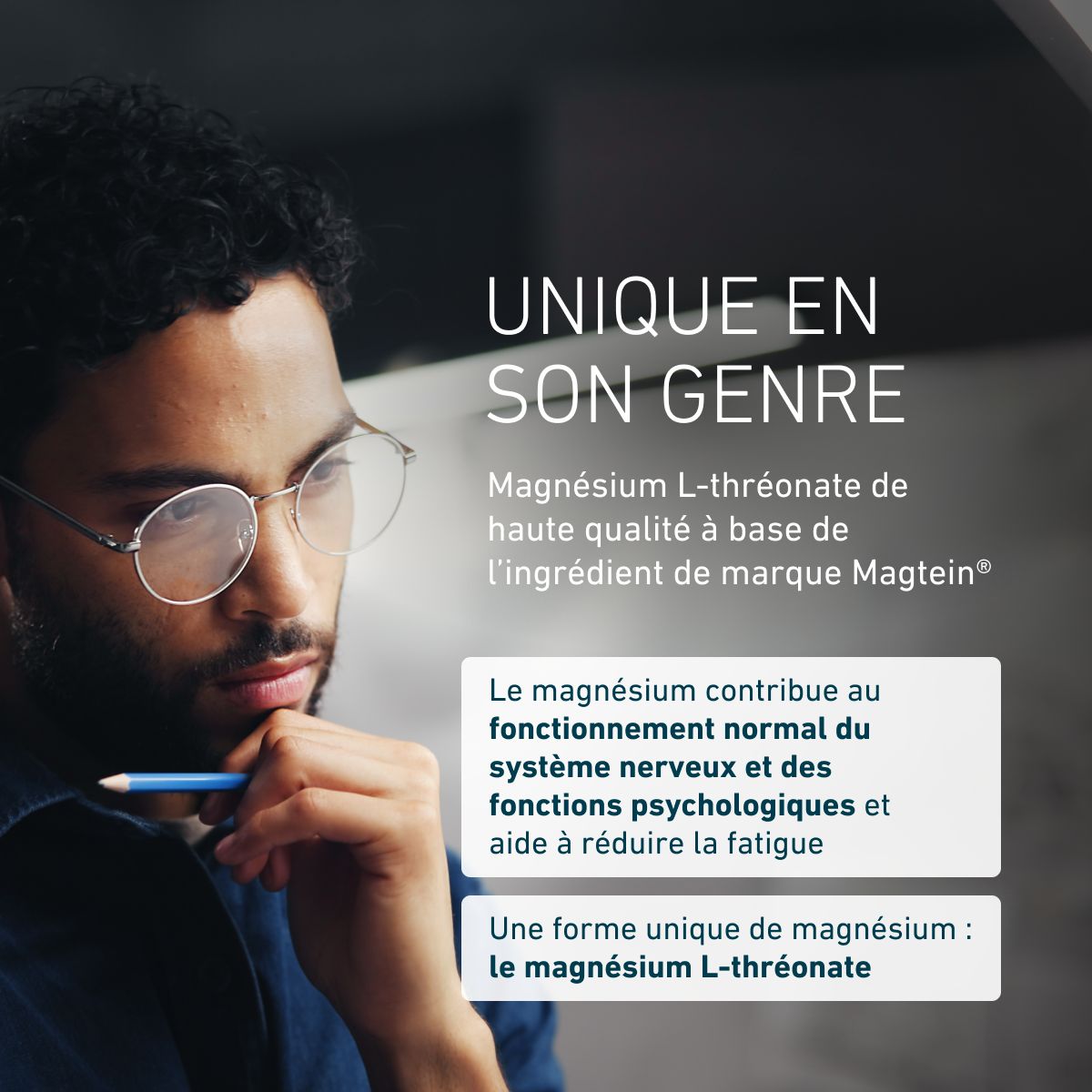Magtein® Magnésium L-Thréonate de BIOGENA dans un flacon blanc. Neuro-magnésium fondé sur la science pour soutenir l’équilibre mental et contribuer à réduire la fatigue.